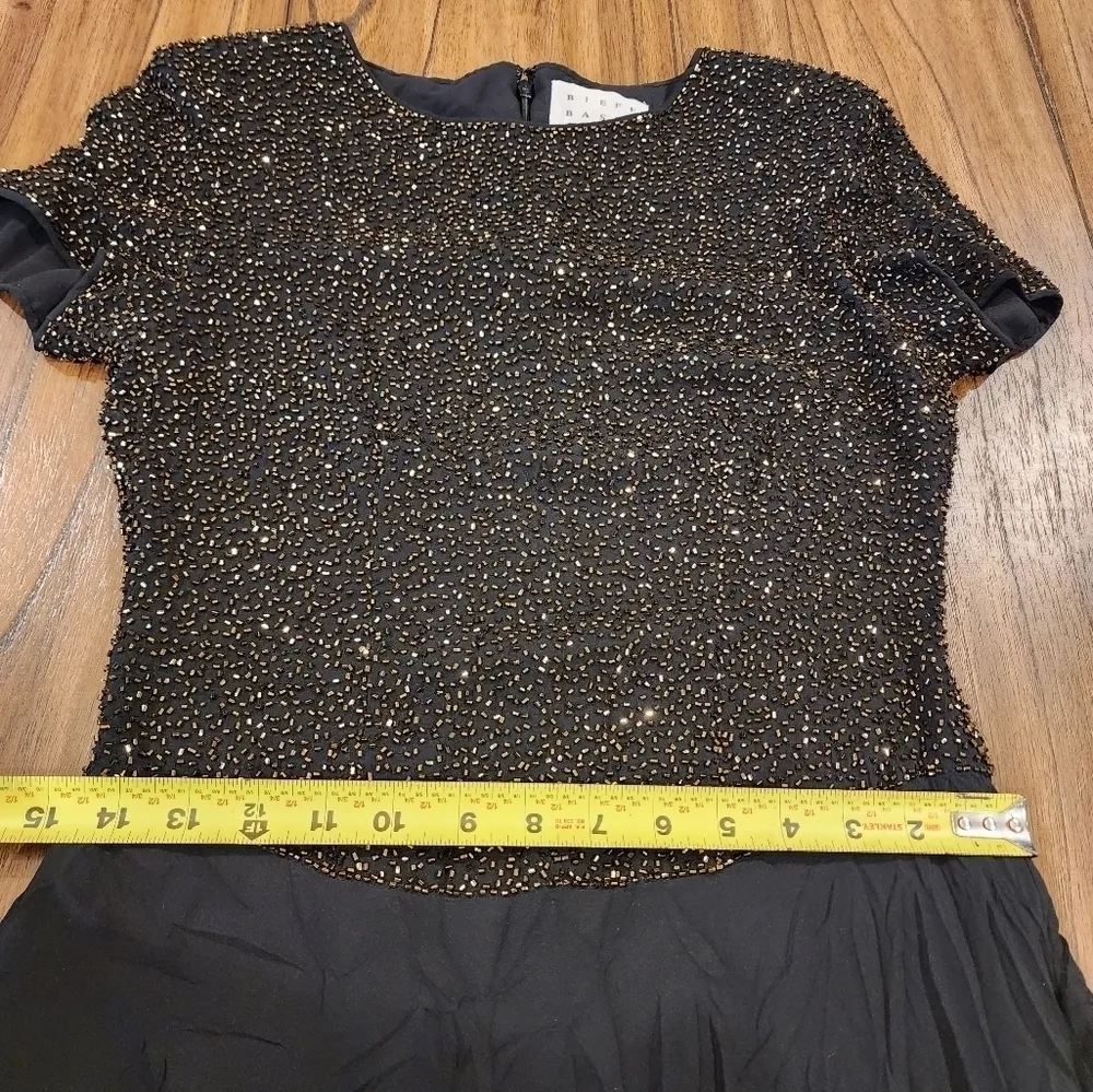 Vintage Bieff Basix Black Silk Short Sleeve Retro gold Beaded Midi Dress 6 - Image 4