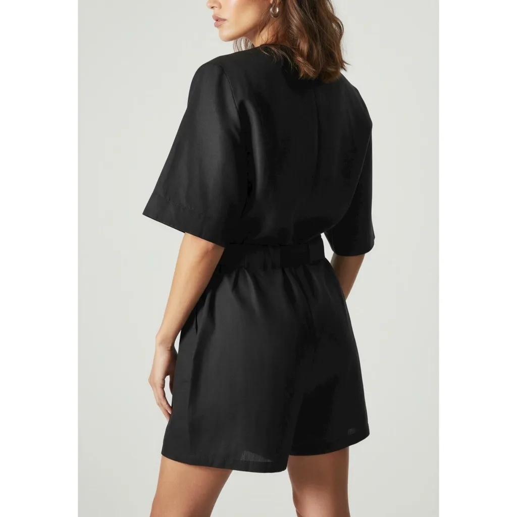 COS V-Neck Linen-Blend Belted Romper, Black, 4 (US) - Image 2