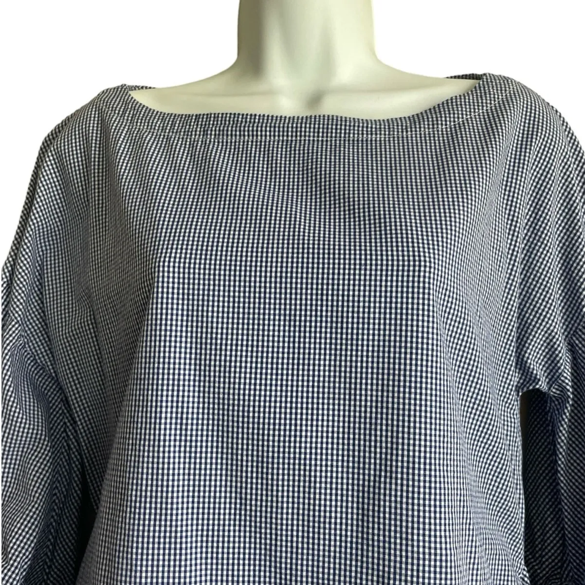 Max Jeans Women Top S Blue‎ Small Checkered Tiered Puff Sleeve Back Tie Preppy - Image 5