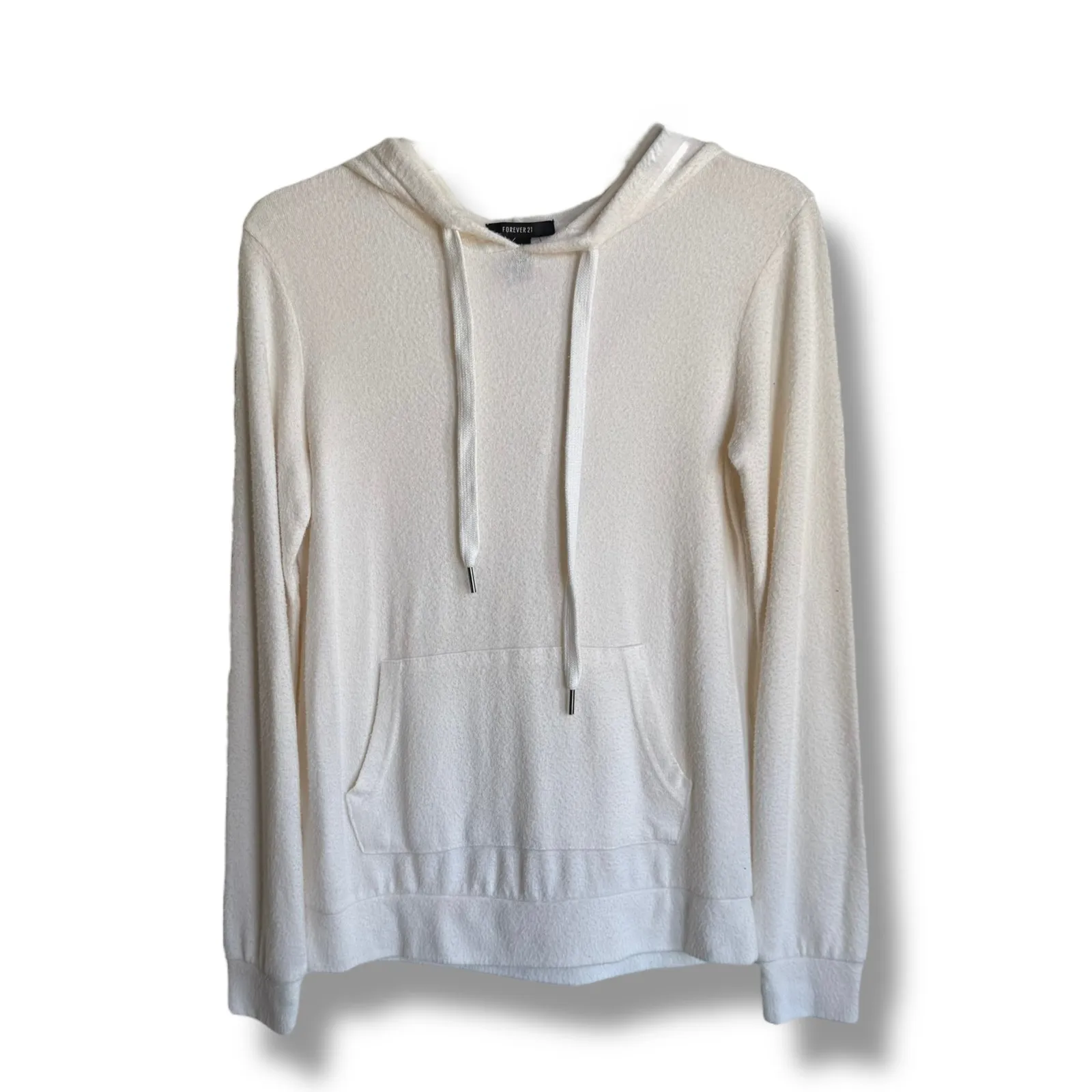 Forever 21 Womens Hoodie Cream Fuzzy‎ Soft Kangaroo Pocket Drawstring Small - Image 5