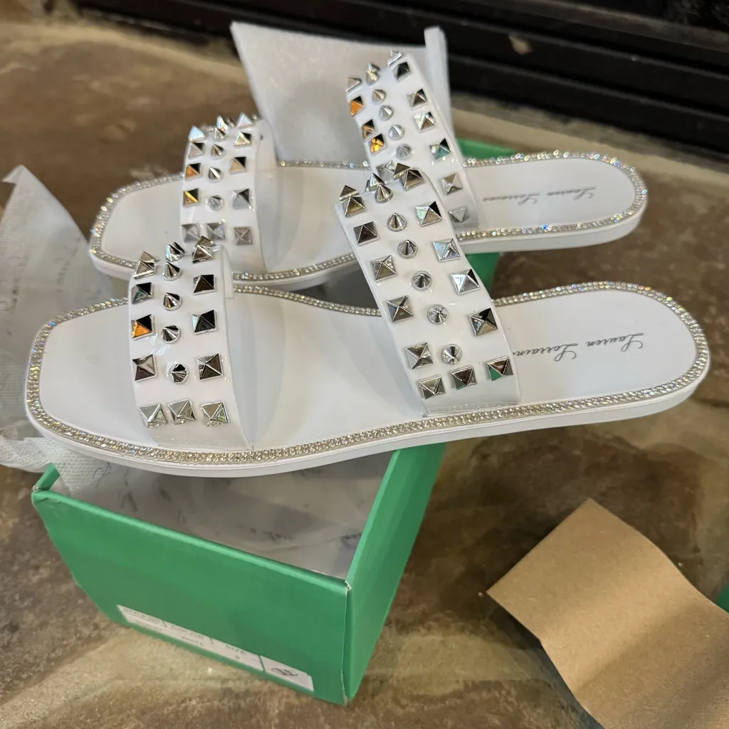 Lauren Lorraine Studley White and Silver Studded Rhinestone Sandals 9 - Image 3