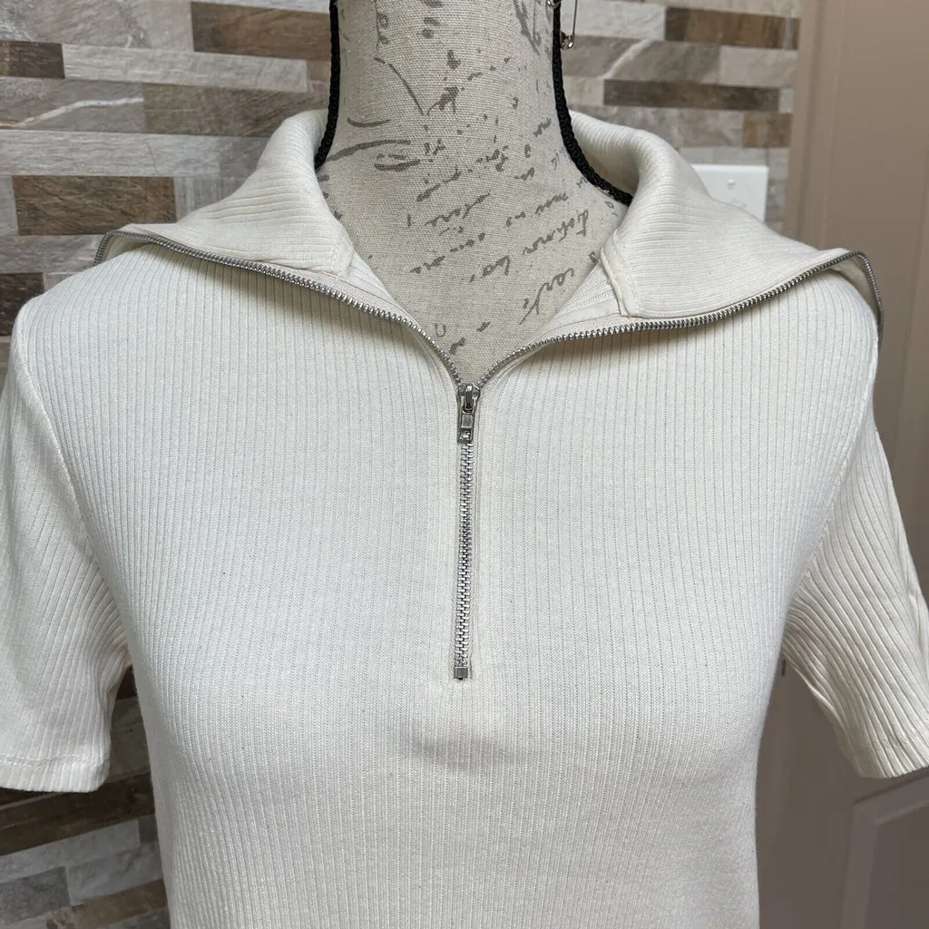 Zara mini t-shirt dress high collar rib knit ivory cream new casual Sz S - Image 6