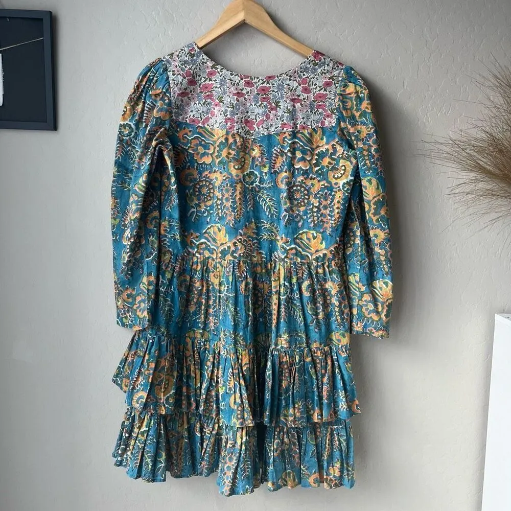 Alix of Bohemia Squash Blossom Turquoise Print Tiered‎ Mini Dress Size Small Blue - Image 6