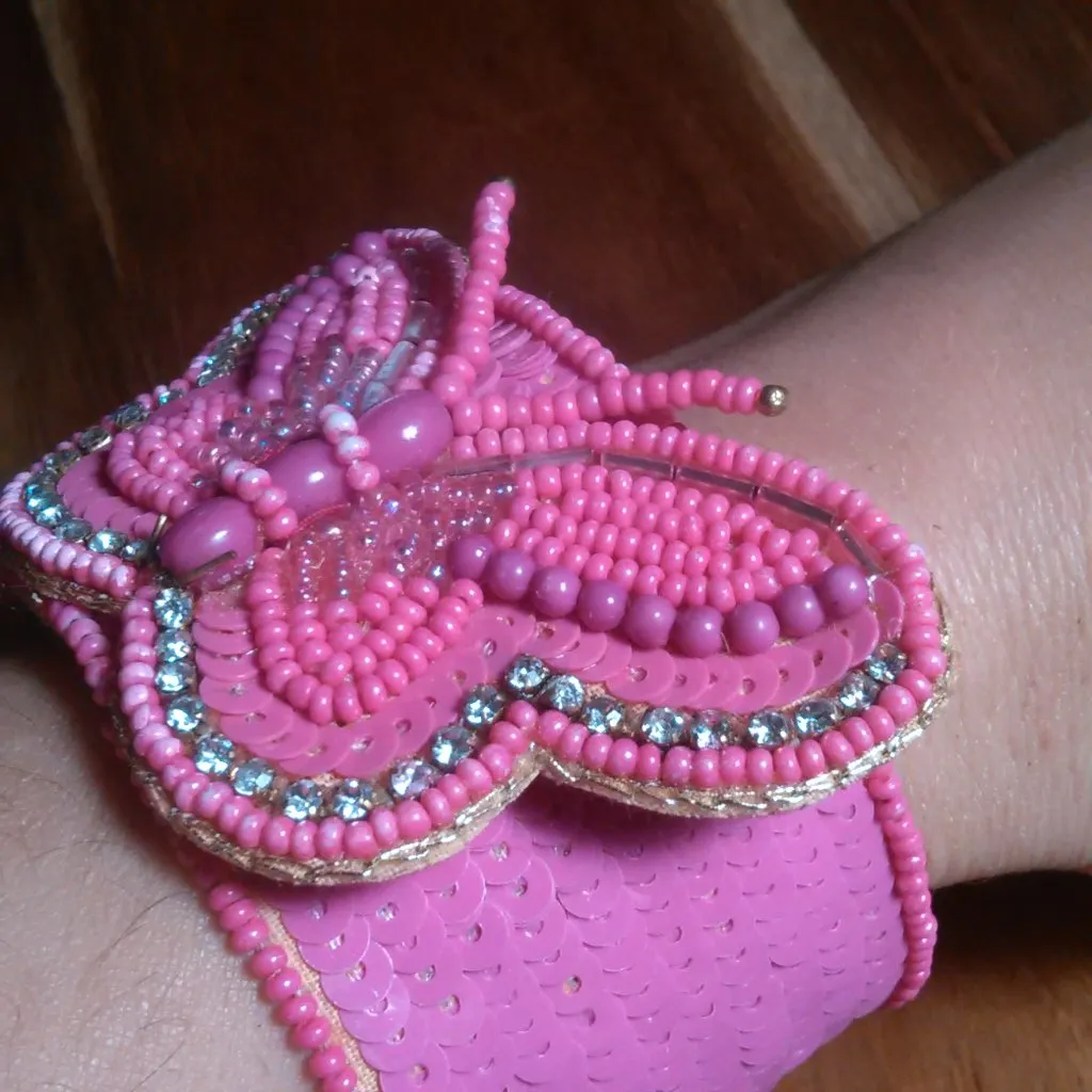 Handcrafted Fushsia Seed Beaded Butterfly Cuff Bracelet - Image 2