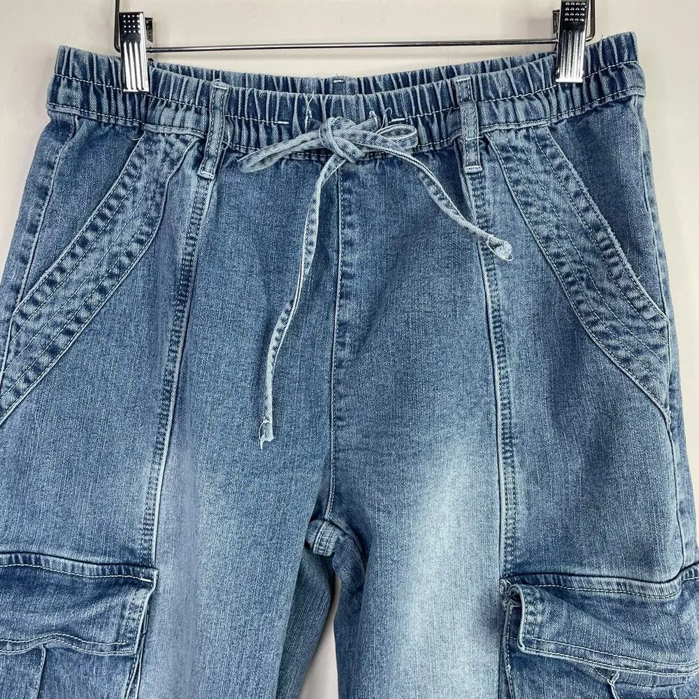 Almost Famous Distressed Denim Baggy Utility Cargo Pants Jeans Tie Waist women M - Image 3