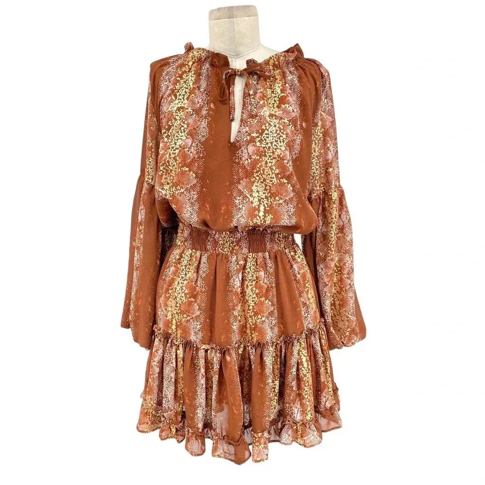 Buddy Love Zozo Elastic Waist Mini Dress Frappe Brown Snake Print Size‎ Small - Image 3
