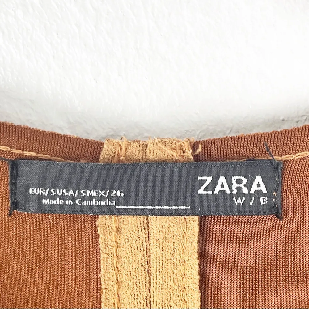 ZARA Faux Suede Vegan Fur Trim Camel Snap Button Closure Side Pocket Coat Small - Image 3