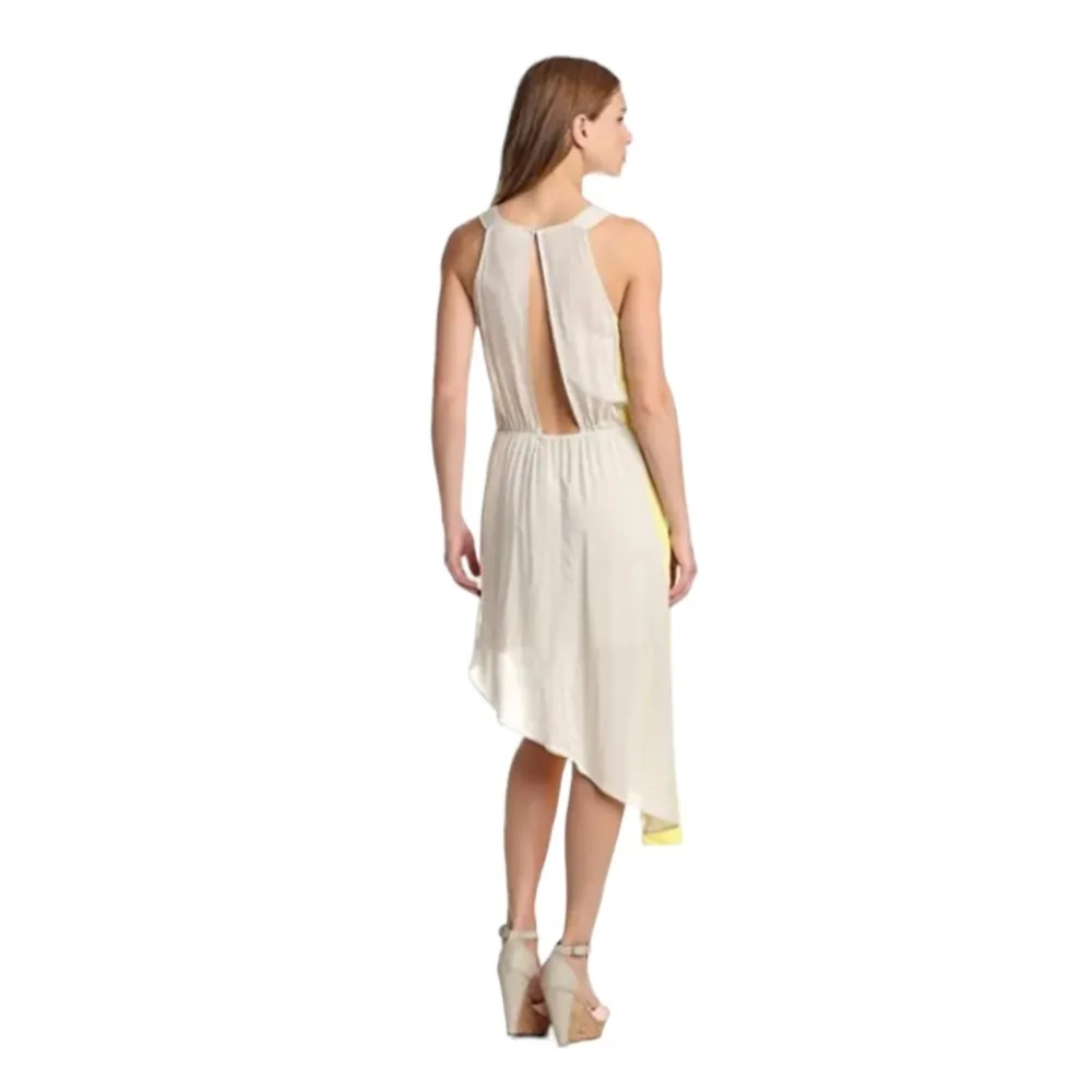 BCBGeneration Asymmetrical Hem Open Back High Low Dress in Chalk Grey/Yellow - Image 3
