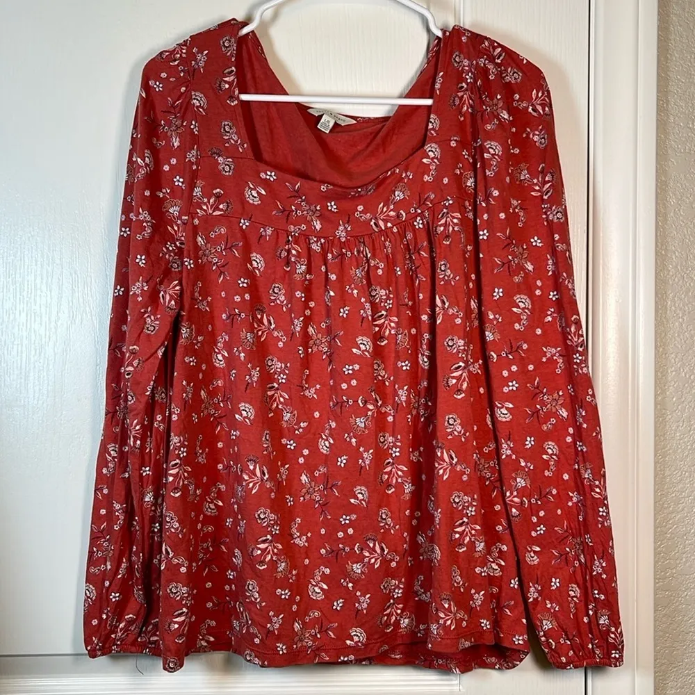 Lucky Brand Red Long Sleeve Square Neck Blouse Shirt Size Large EUC #0534-OC - Image 2