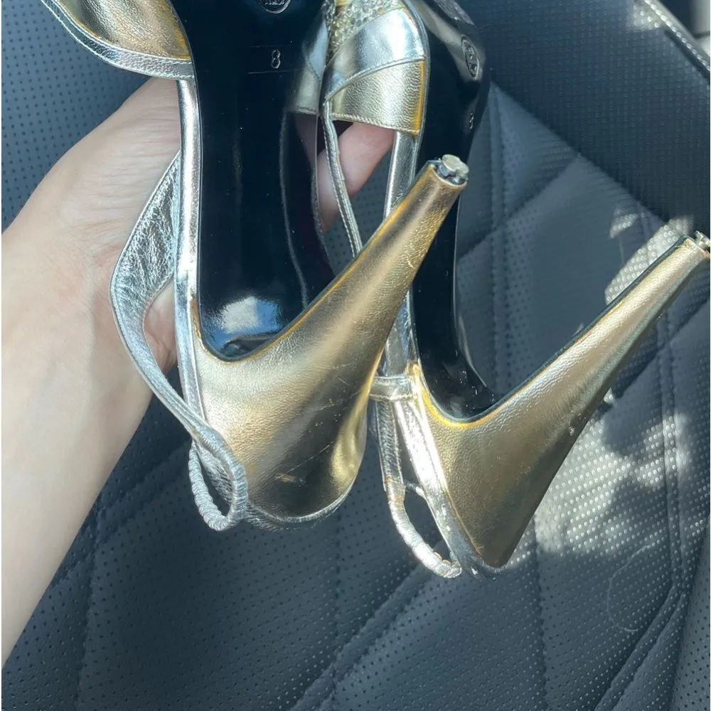 Vintage 90s Valentino Glitter Sling Back Heels Size 8 Silver Gold Made In Italy‎ - Image 4