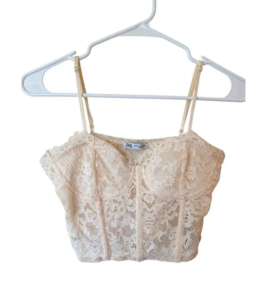 Zara Sleeveless Lace Corset Style Sweetheart Neck Tank Top Cream Women's Medium - Image 2