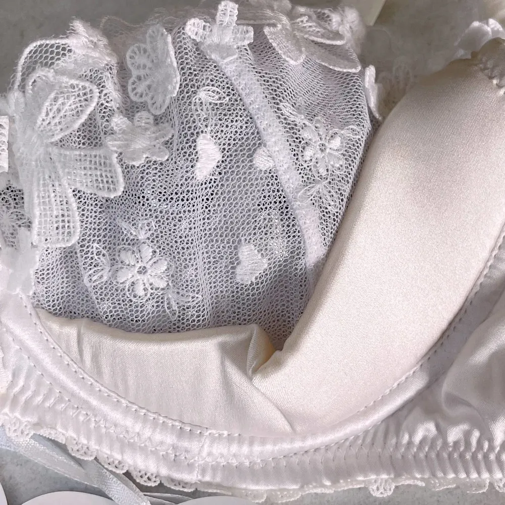 Mimi Holliday L Padded Bra Honeysuckle 1/4 Cup Plunge Silk Bridal Lace Bow Heart Size L - Image 8