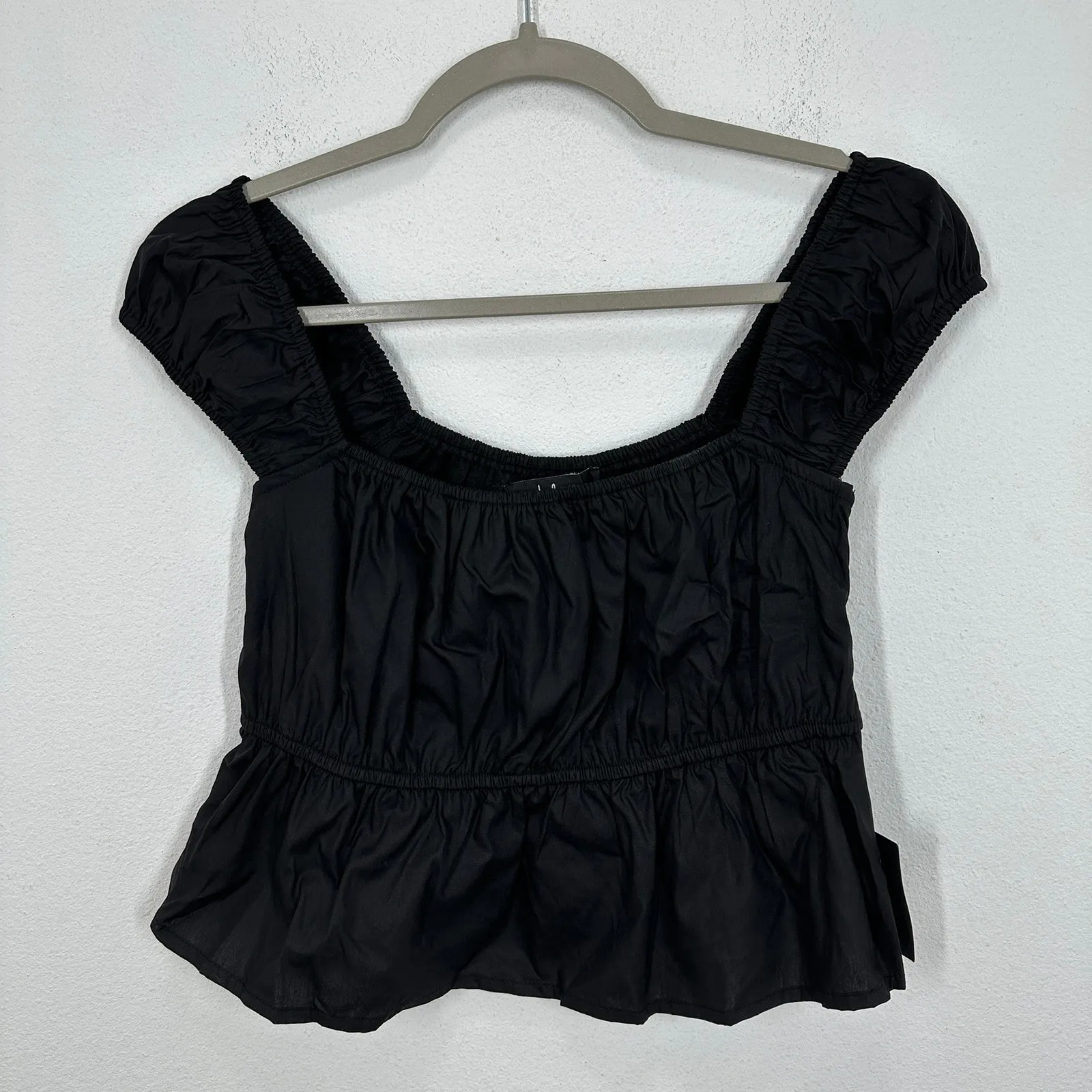 Lulus Black Square Neck Puff Sleeve Cropped Peplum Top Size S NWT - Image 4