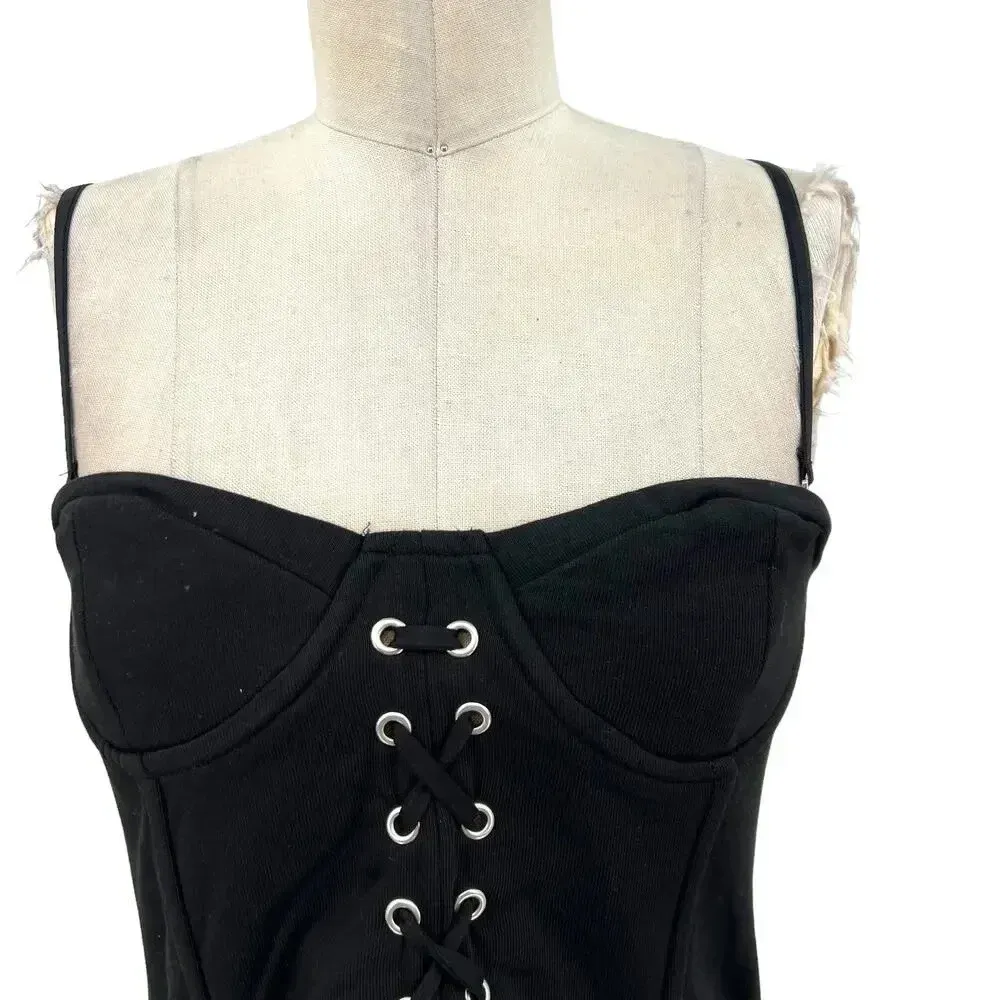 Zara Corset Tank‎ Top Bralette Lace Up Sweetheart Shirred Black Size Medium - Image 2