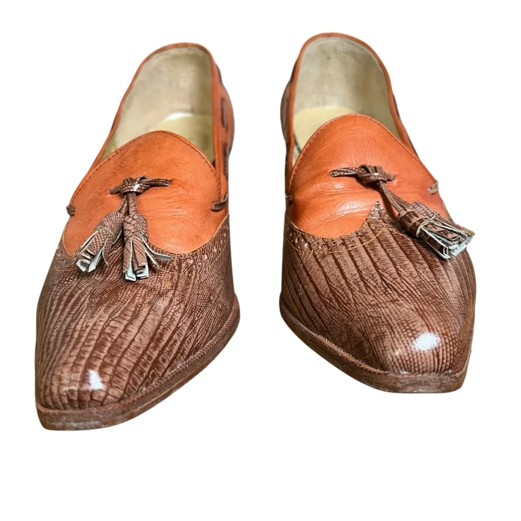 VTG 70s Turf Shoe Made in Brazil Leather Tassel Loafer Heels Brown Sz 8.5 Pumps - Image 7