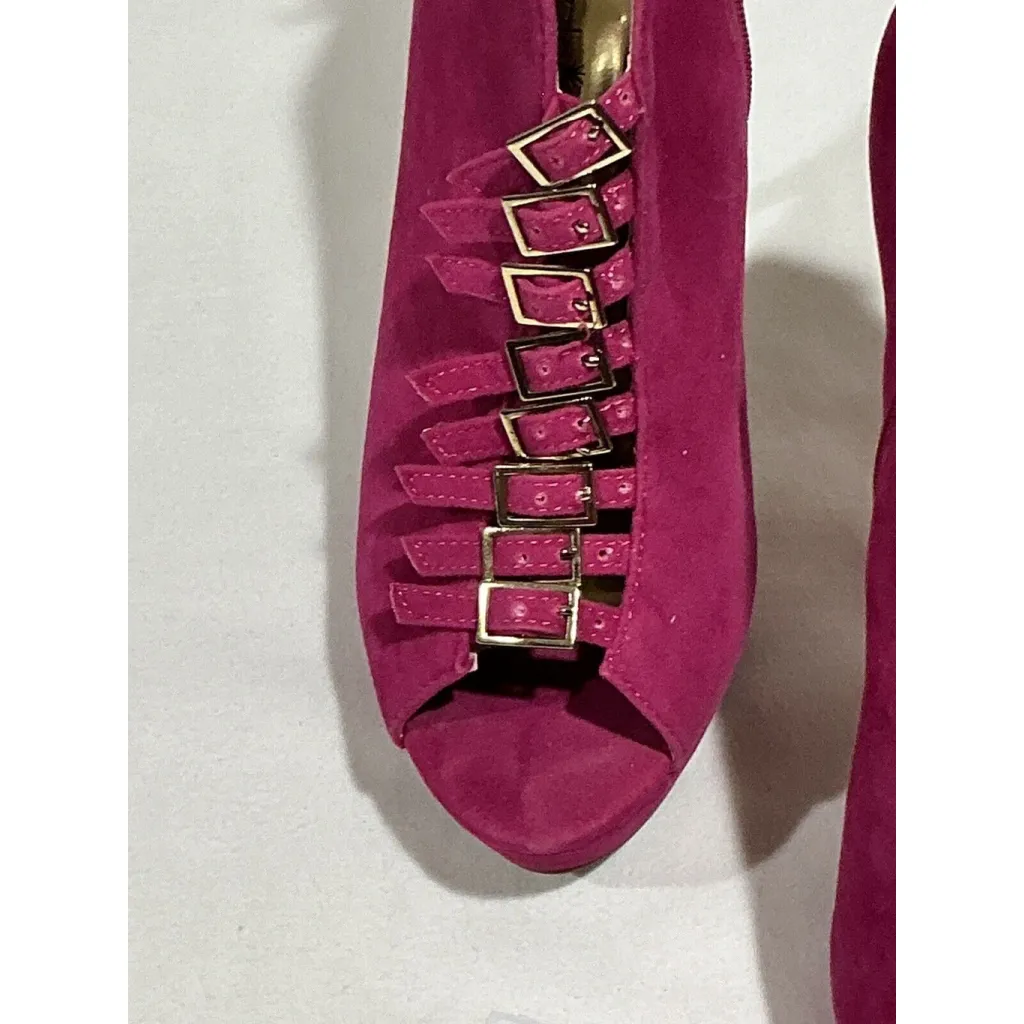 Woman’s Shoe Dazzle Jovanna Pink Suede Size 8 Gold Stiletto Heel Platform - Image 2