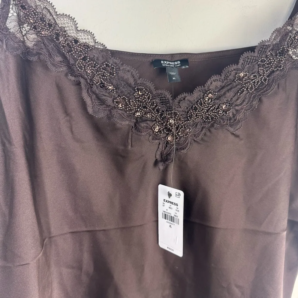 Express Satin Lace Trim V-Neck Downtown Cami Top Size Extra Large XL Brown - Image 6