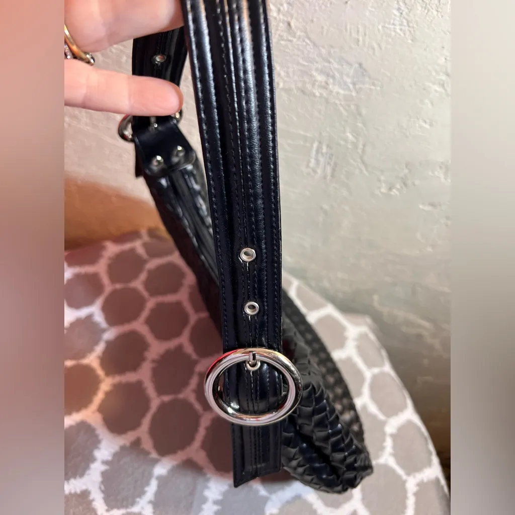 White House Black Market Black Woven Shoulder Bag faux zip minimalist classic - Image 7