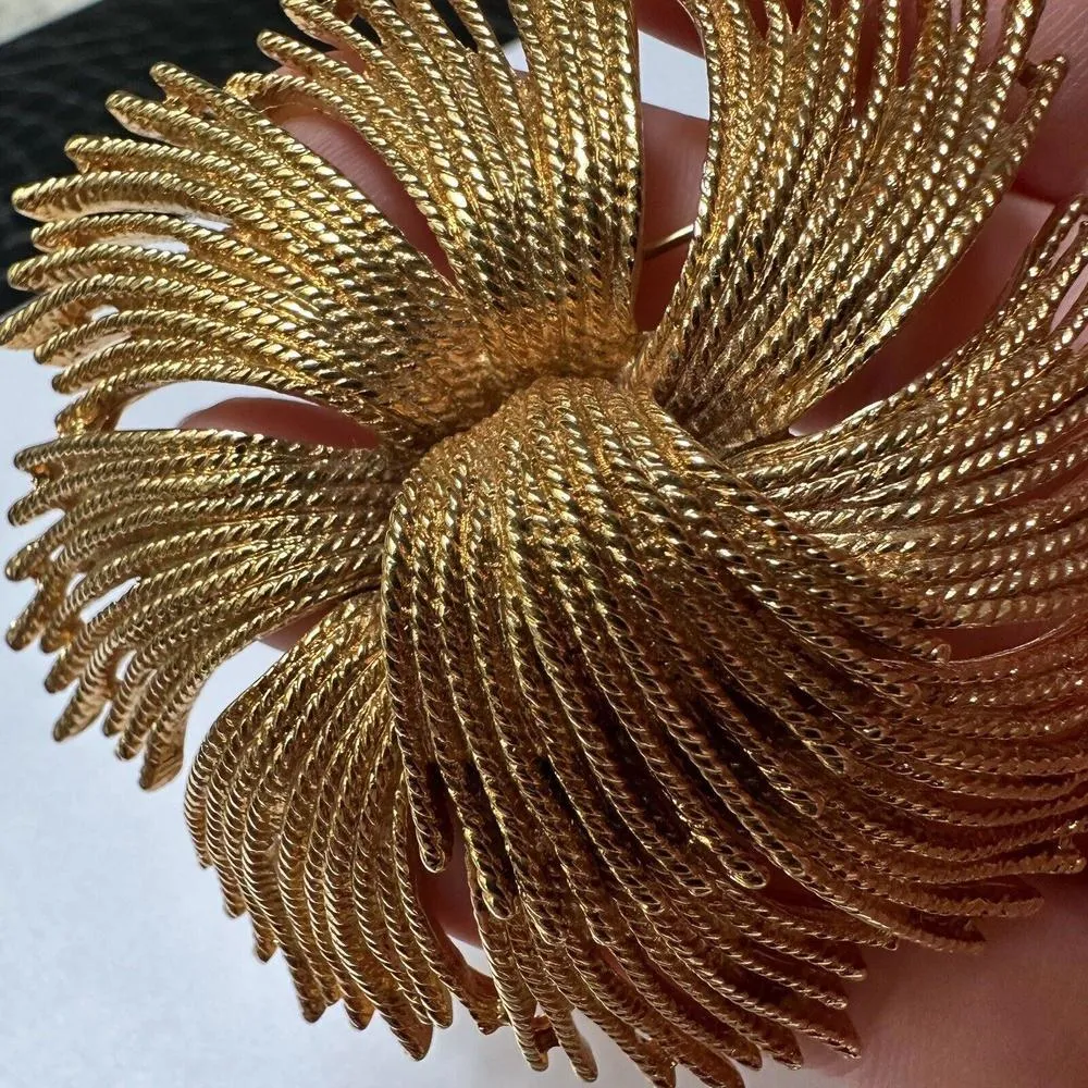 Beautiful Large Signed Monet Gold Tone Brooch Pin Fringed Textured Style - Image 4