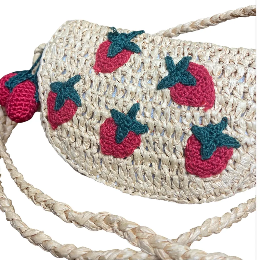 Zara Crossboy & Belt Strawberry Woven Bag with Red Strawberrys and Green Accents - Image 4