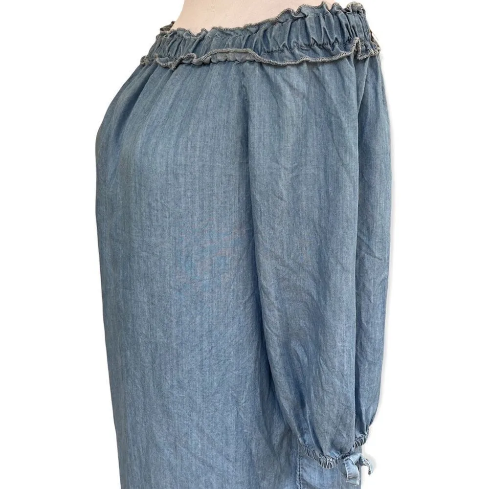 Crown & Ivy Chambray Off Shoulder Tencel Lyocell Soft Knee Length Dress Medium - Image 2