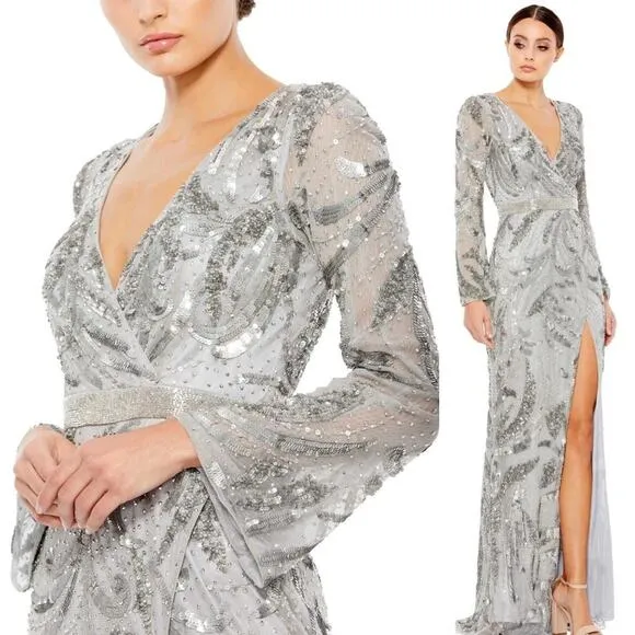 Mac Duggal 5222 Sequined Faux Wrap Split Long Sleeve Gown Platinum 6 $598 NEW - Image 3