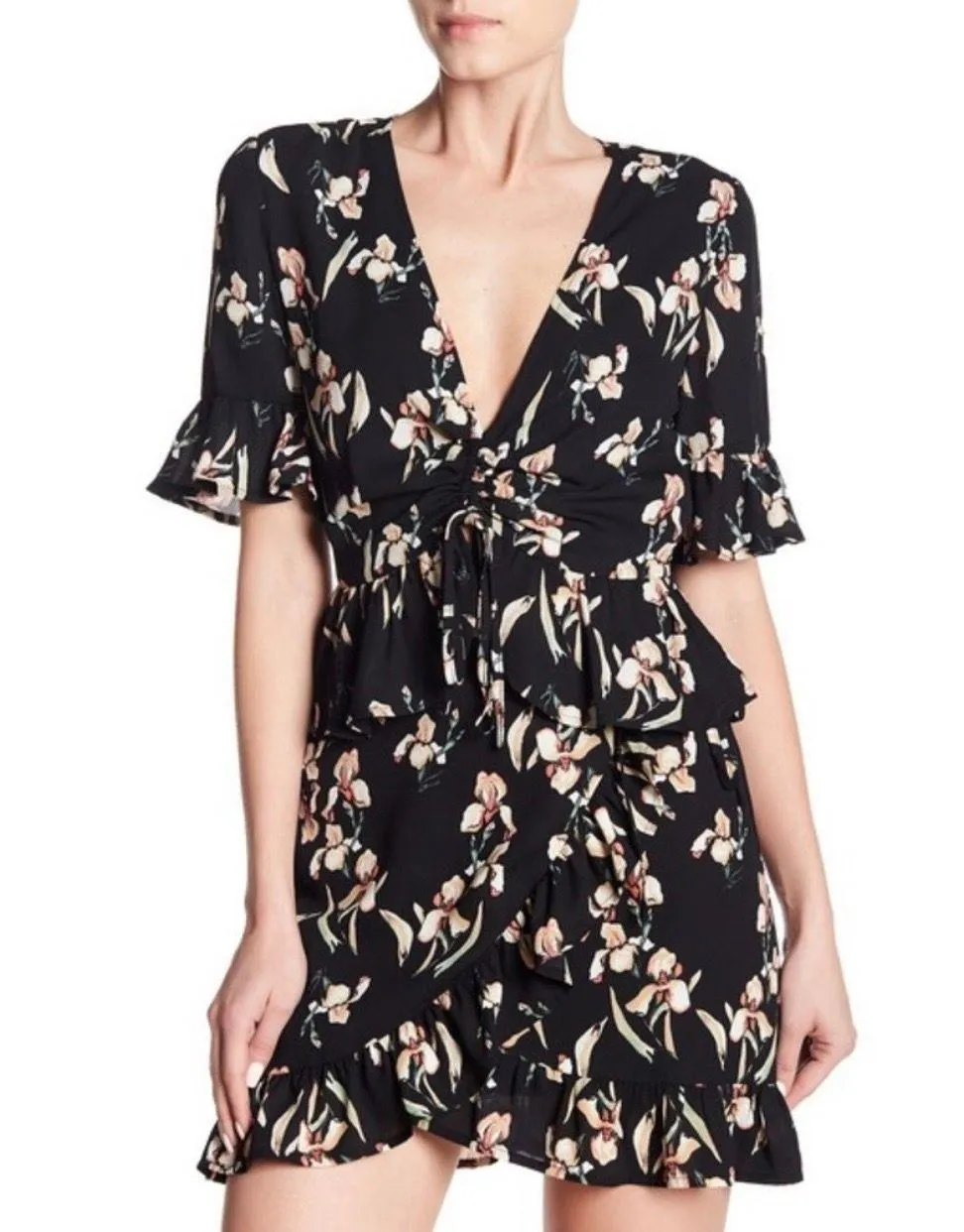 Honey punch black Tie Front ditsy floral v neck crop blouse - Image 2
