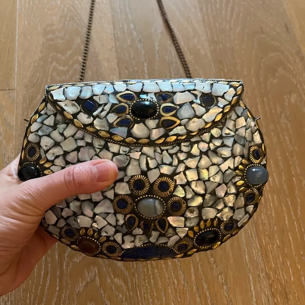 Hand made mother of pearl purse crossbody chain made in India one of a kind Blue - Image 3