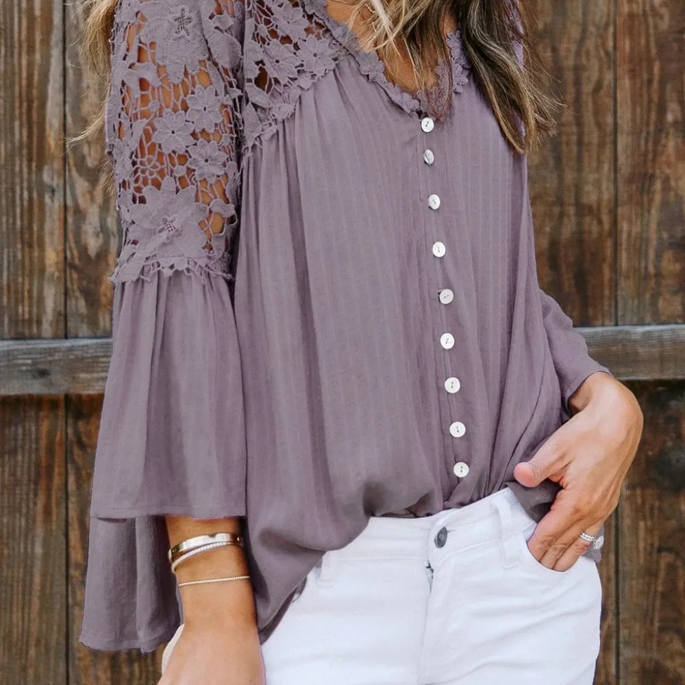 CROCHET LACE BUTTON TOP PURPLE 3/4 SLEEVE Size undefined - Image 4