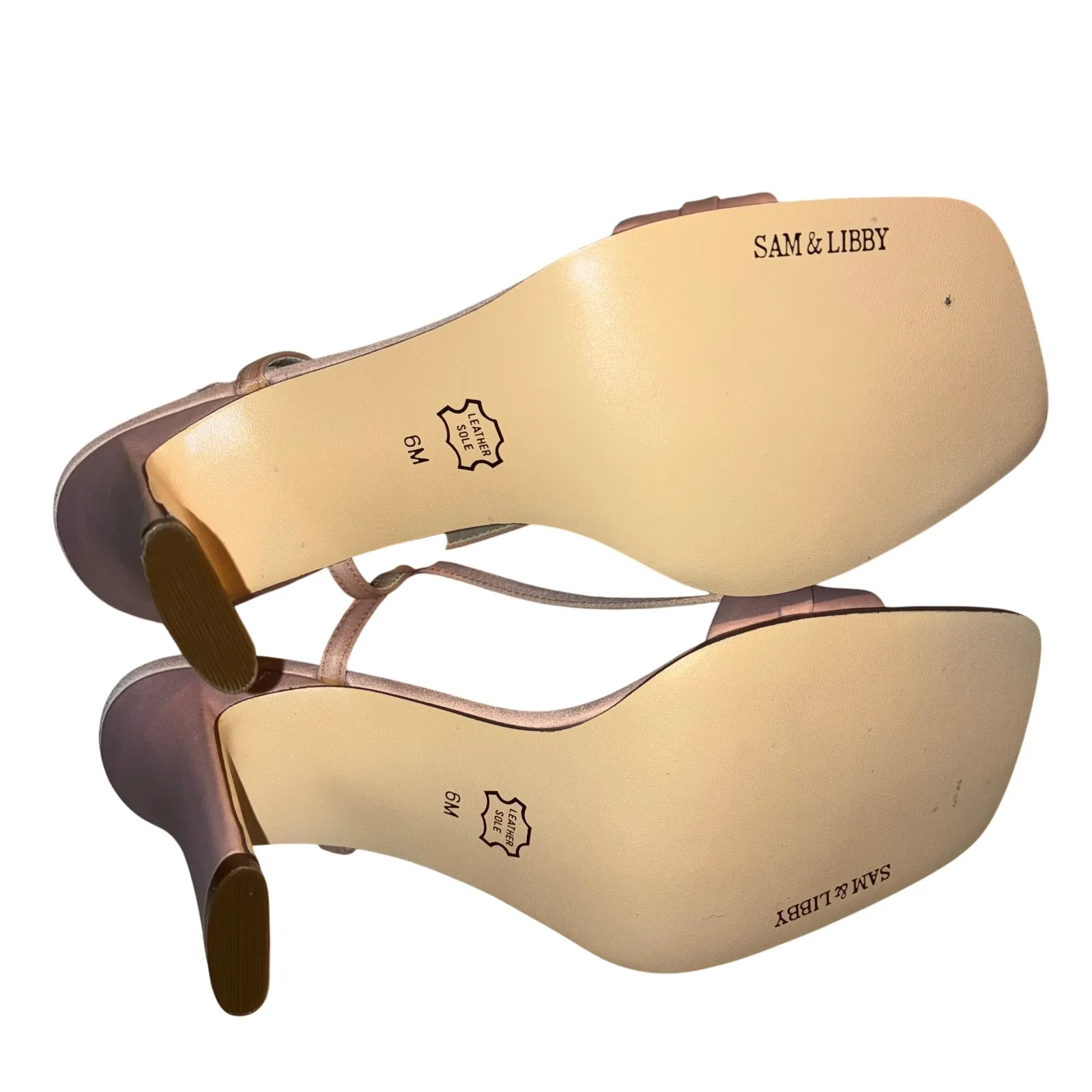 Sam & Libby Womens 6M Marine Pink Satin Square Toe Bow Slingback Heels Retro - Image 4