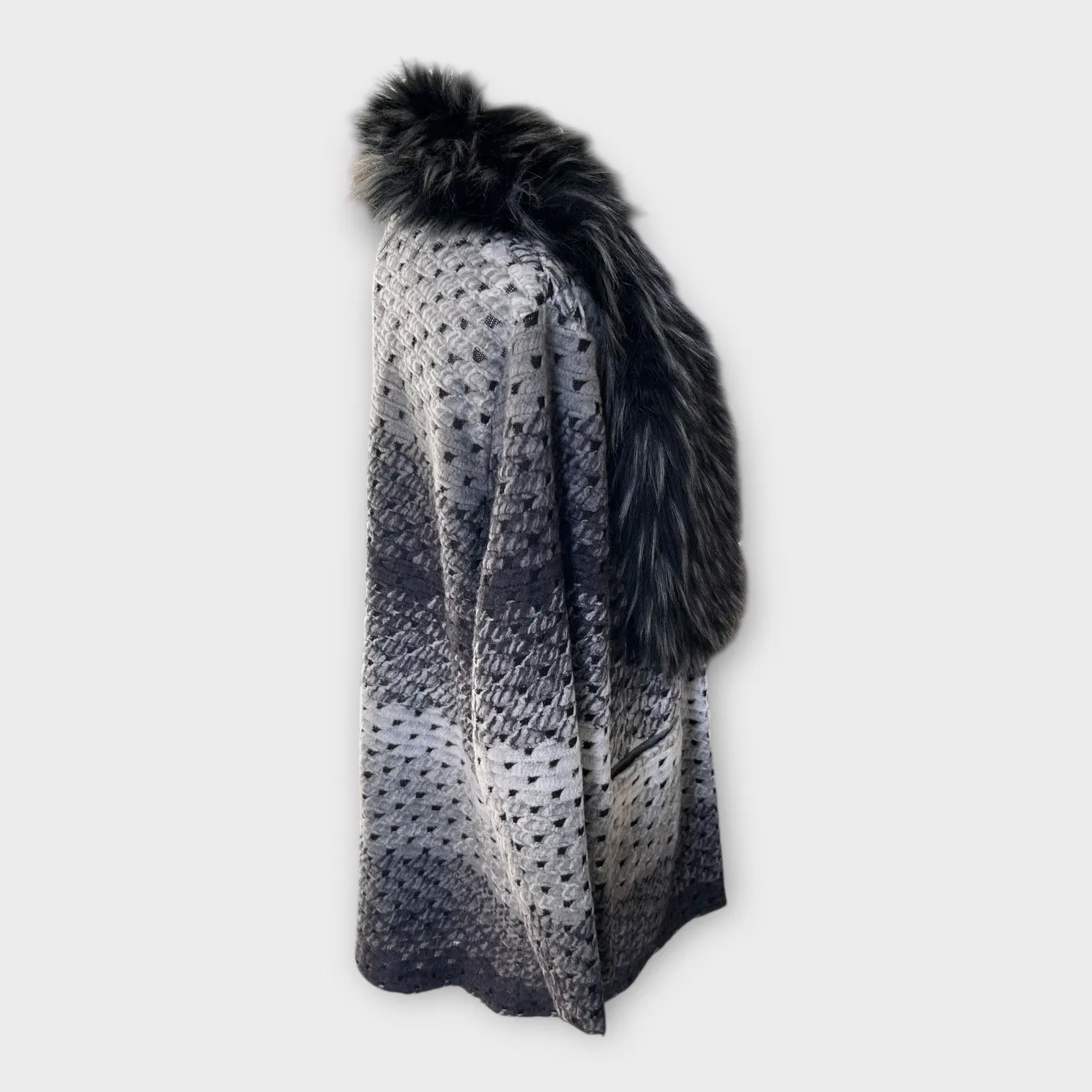 Donna Salyers Fabulous Furs Knit Cardigan Coat Faux Fur Collar Gray Black XL - Image 10