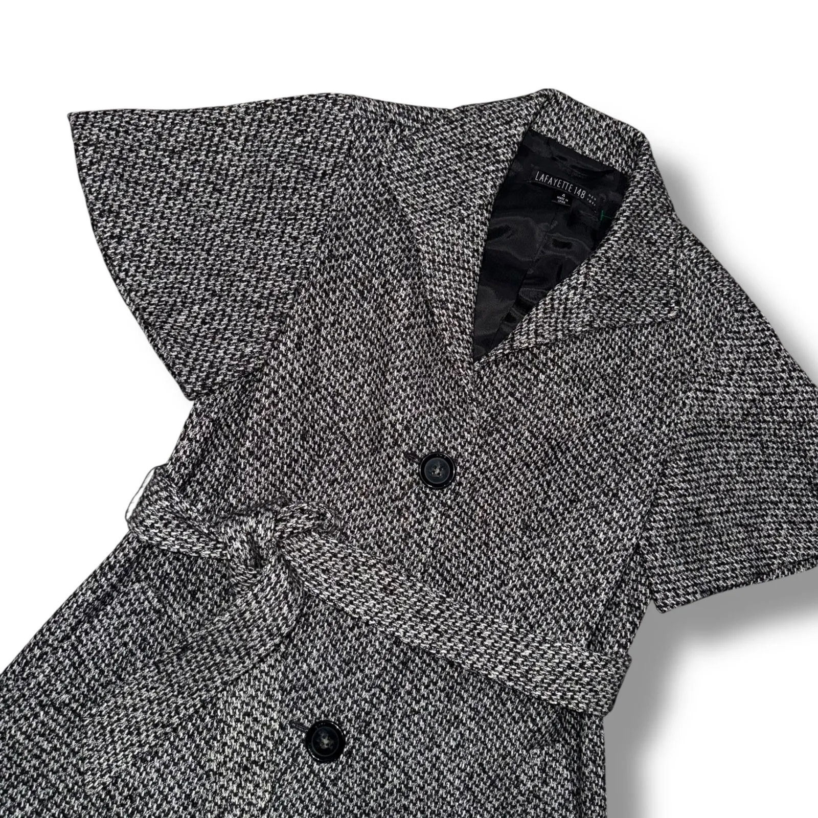 Lafayette‎ 148 Houndstooth Wool Blend Short Sleeve Belted Jacket Coat Black - Image 2