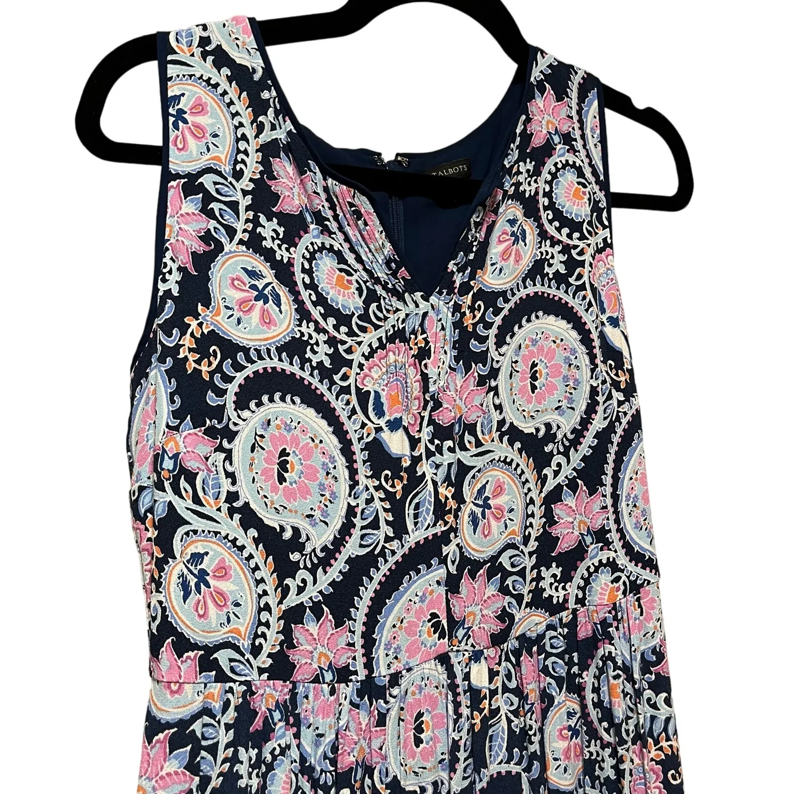 Talbots Maxi Dress Sleveless Notch Neck Navy Blue Pink Paisley Size 2 - Image 3