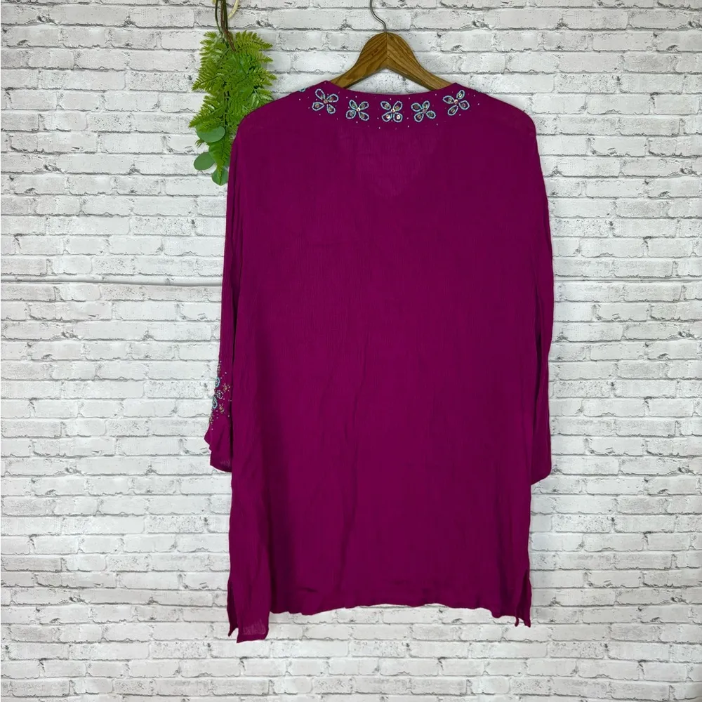 Phool Magenta Turquoise Beaded Boho Hippie Crepe Rayon Tunic Pink Size L - Image 6