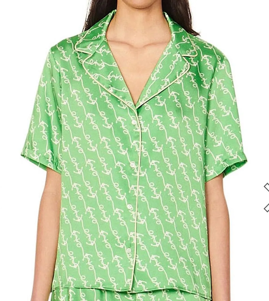 🌟SANDRO🌟 NAUTICAL PRINT SHORT SLEEVE BUTTON FRONT SHIRT BLOUSE GREEN SZ 0 XS - Image 1
