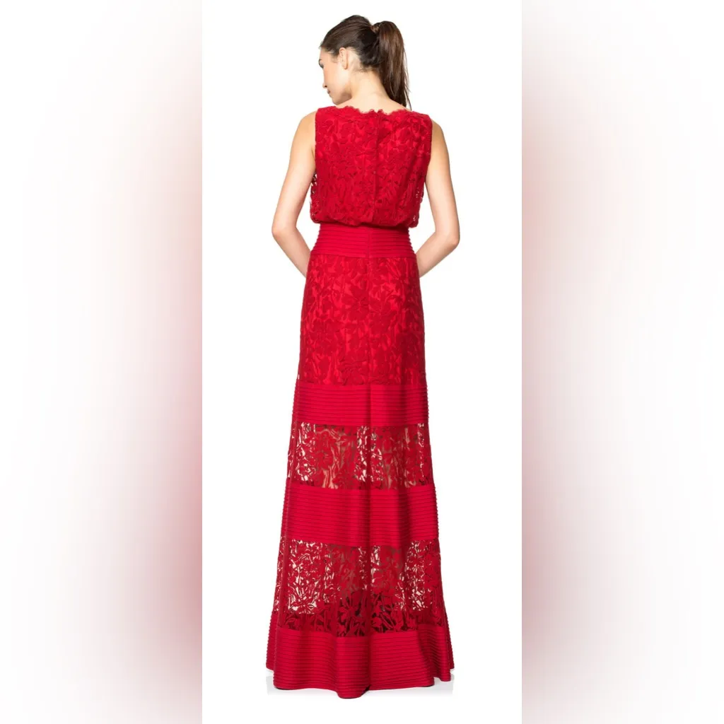 Tadashi Shoji Red Lace Illusion Maxi Gown Women’s Size 4 Formal Evening Dress - Image 2