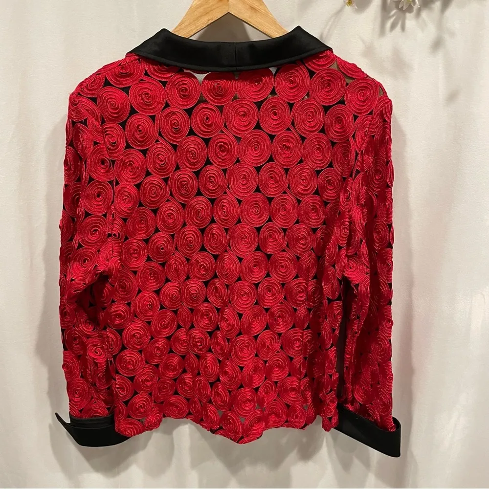 Vintage 80’s tuxedo rad 3D swirl mesh black collar french cuff zip front jacket - Image 3