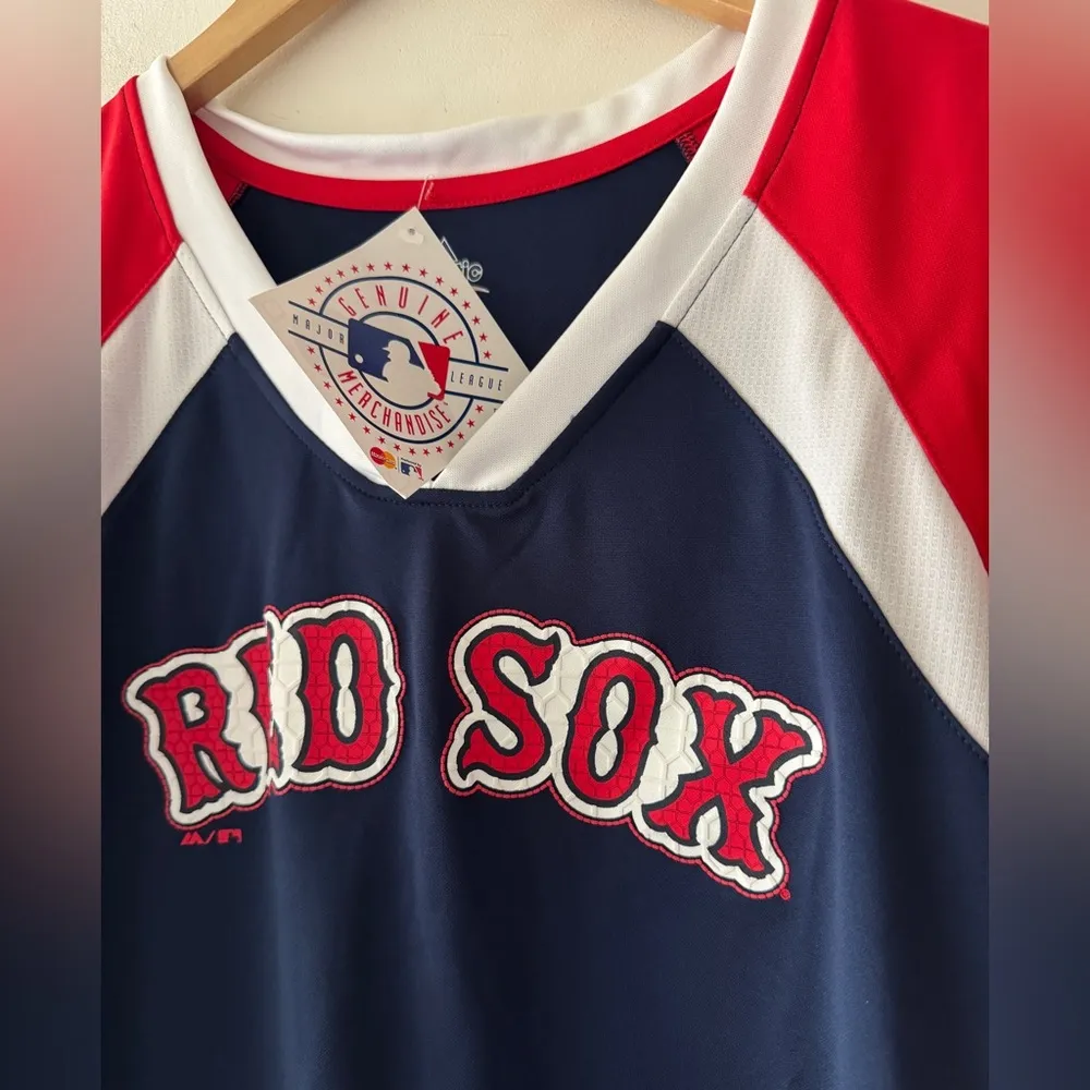 NEW!! Boston Red Sox Majestic Fan Fashion V Neck Short Sleeve Shirt - Image 2
