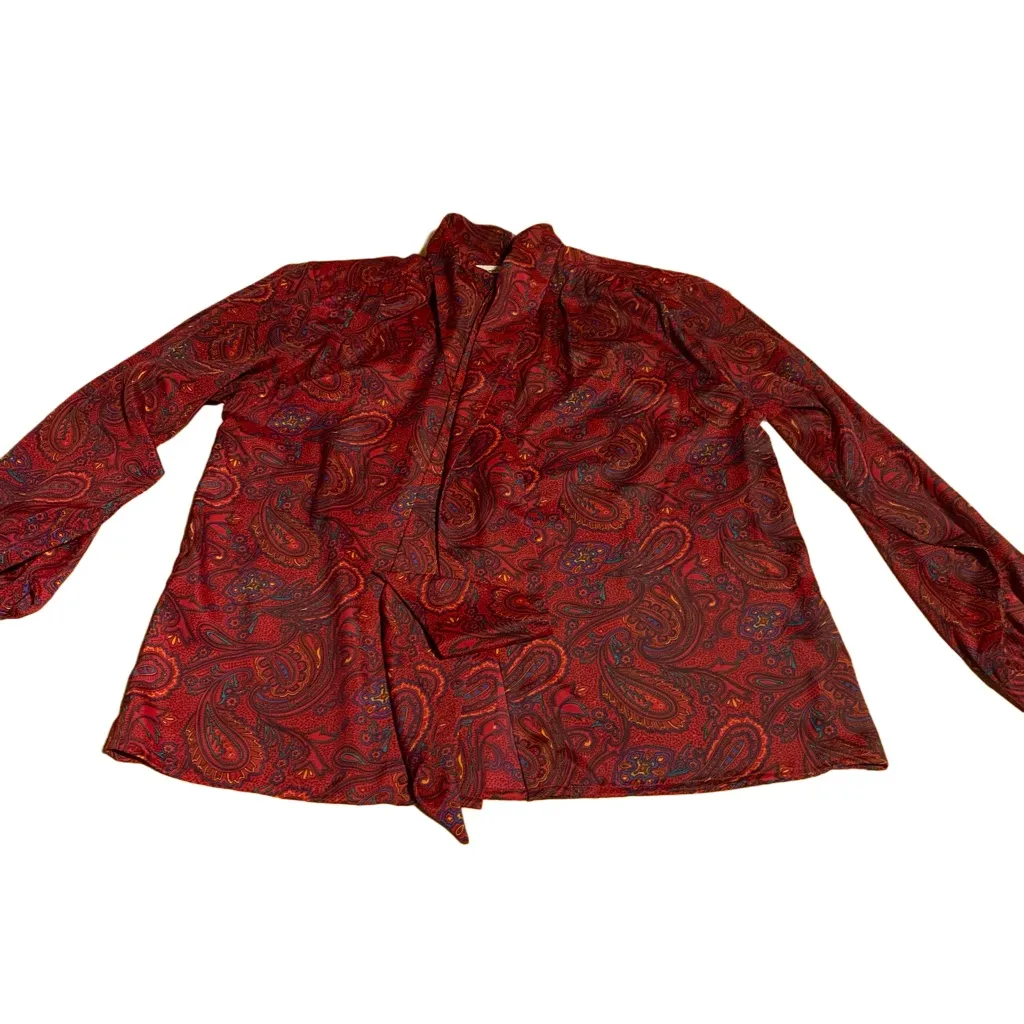 VINTAGE 1980'S ALFRED DUNNER BURGUNDY, RED & BLUE PAISLEY PRINT BLOUSE (10) - Image 7