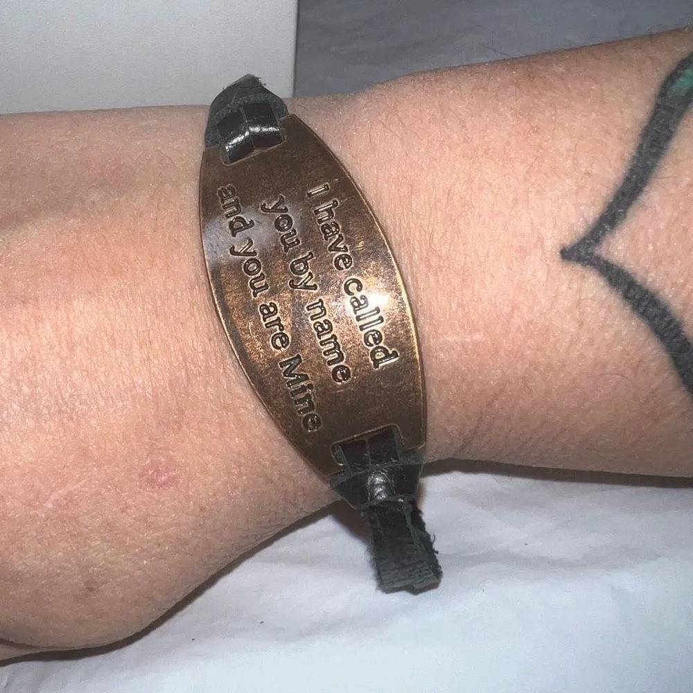 Bronze and Leather “I have Called‎ You by Name and You are Mine” Bracelet Black - Image 2
