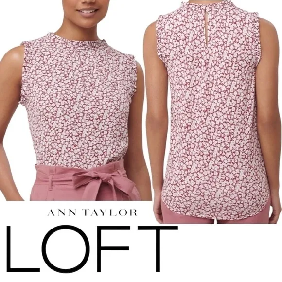 LOFT sleeveless red & white charming floral ruffle top blouse small petites - Image 2