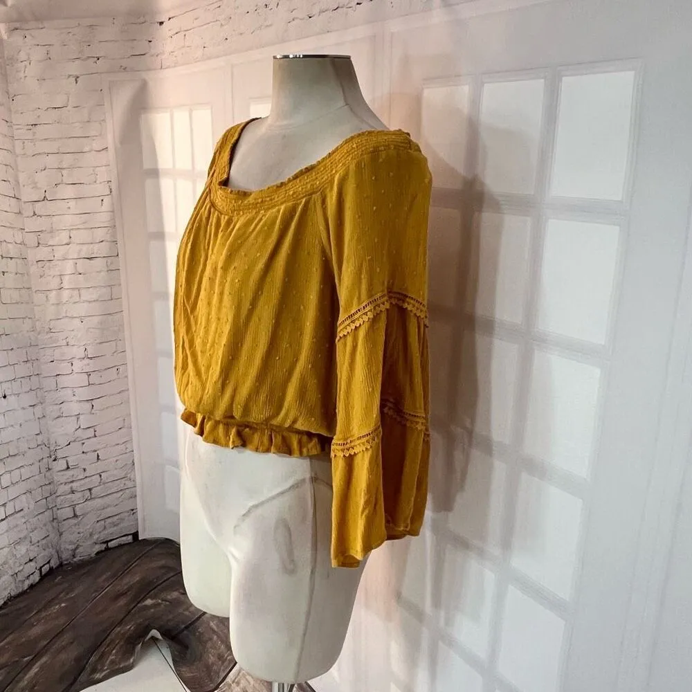 Lulu’s Sunny Story Mustard Yellow Lace Bell Sleeve Off-the-Shoulder Top size med - Image 8