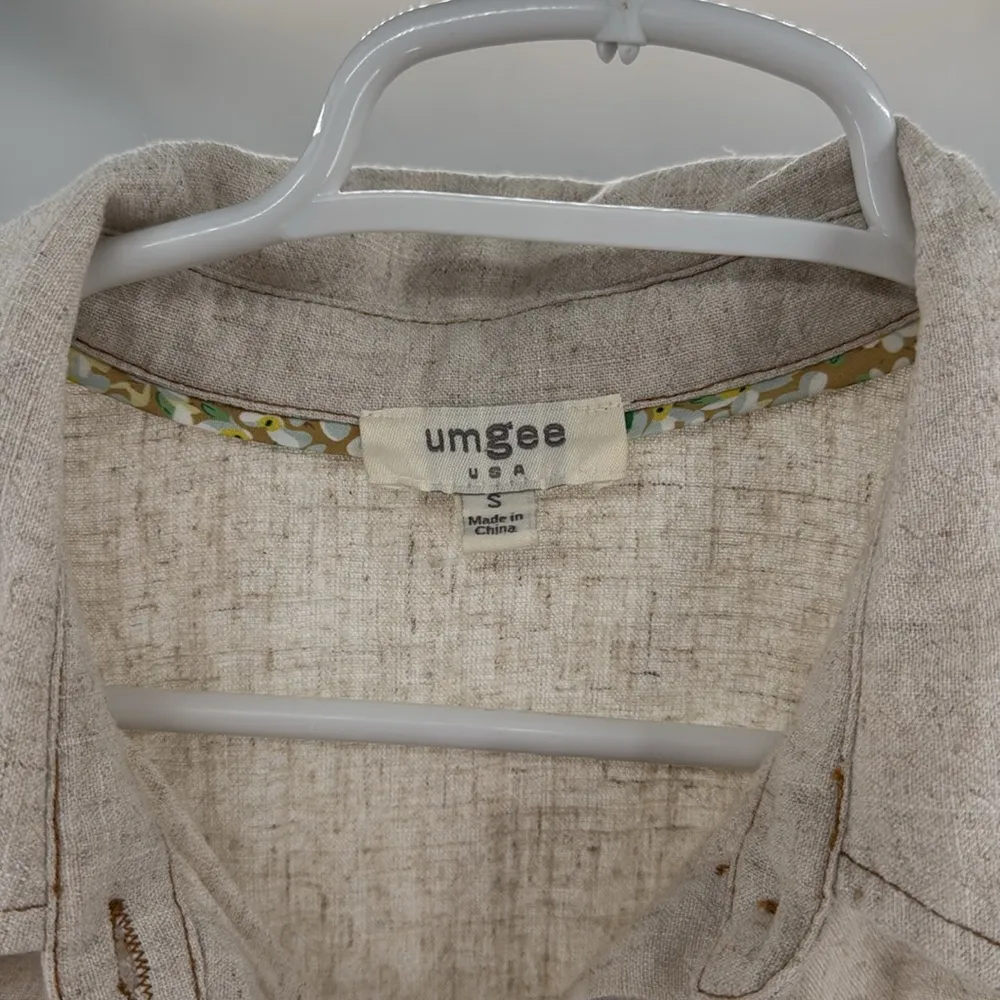 Umgee Natural Linen blend Blouse raw hem S oversized short balloon sleeve casual - Image 8