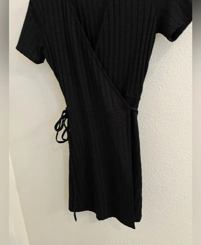 Zara Trafaluc Black Ribbed Short Sleeve Wrap Mini Dress Small - Image 5