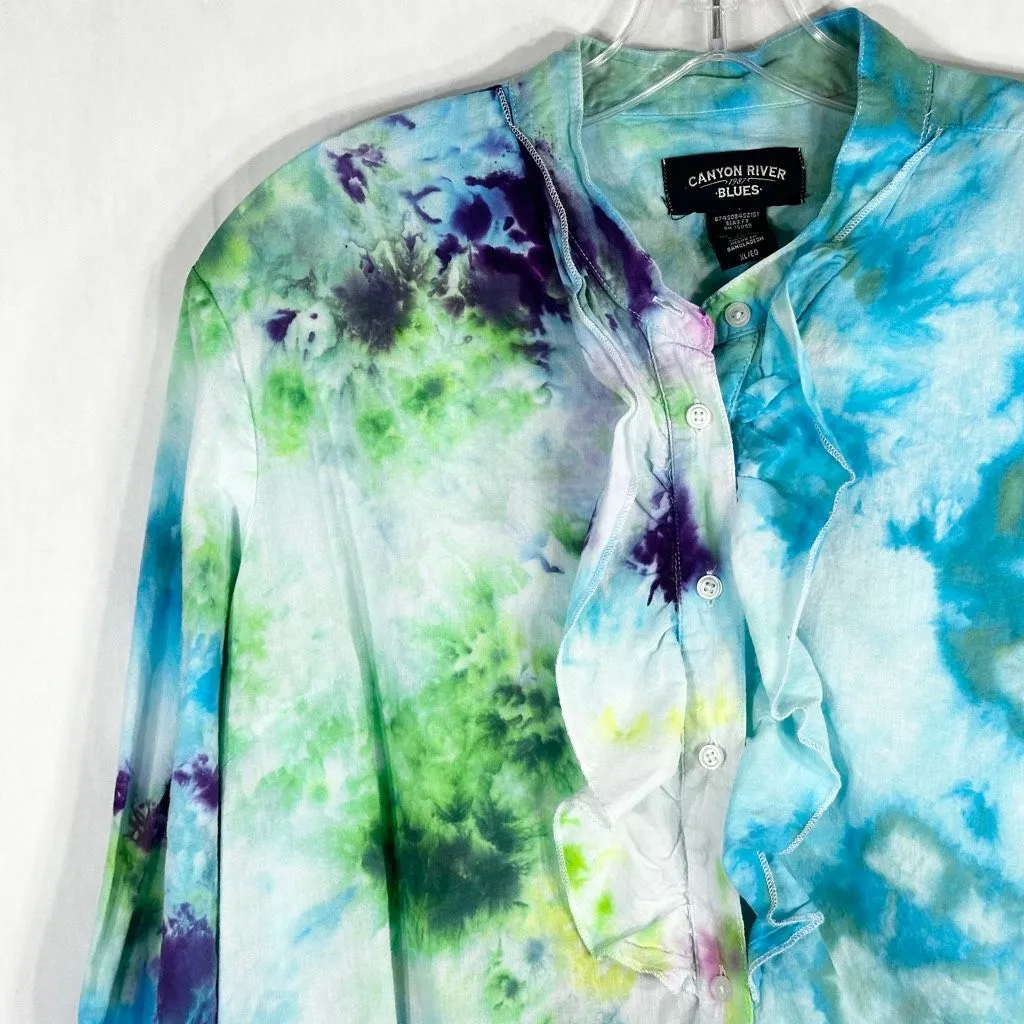 Canyon River Blues XL Blouse Ruffle Ripples Tie Dye Handmade Blue Green 511 - Image 3