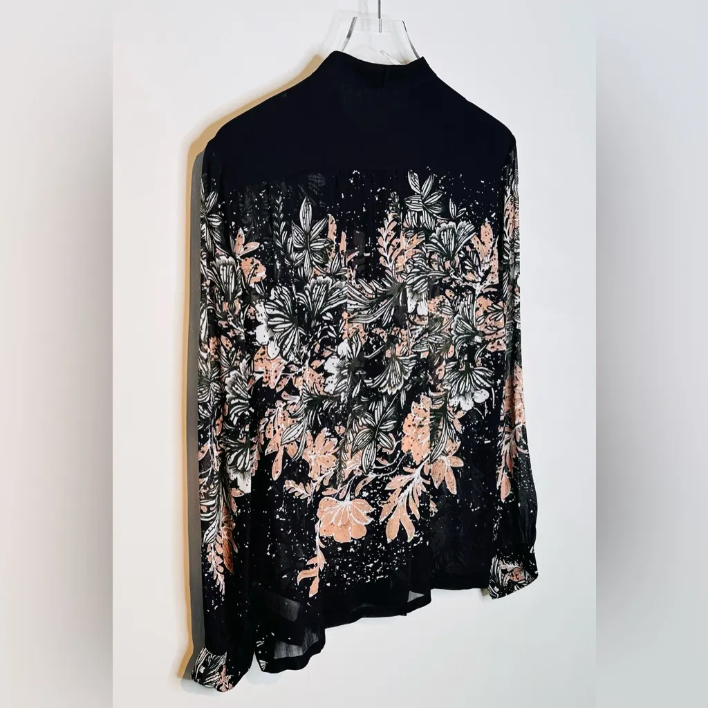 Warm Black Pink Floral Chiffon Viscose Long Sleeve Blouse Shirt Top Size 2 - Image 5