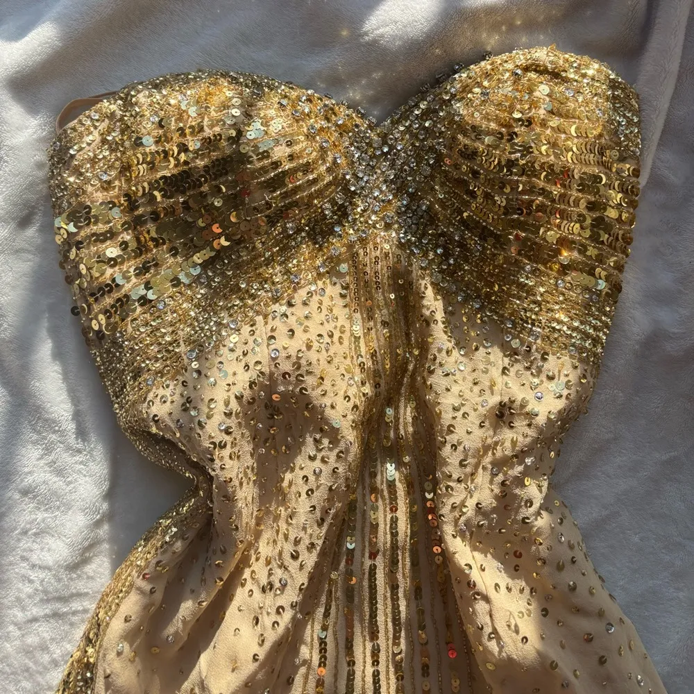 Basix Black Label Gold Sequin beaded embellished silk stone Strapless mini Dress Size 4 - Image 2