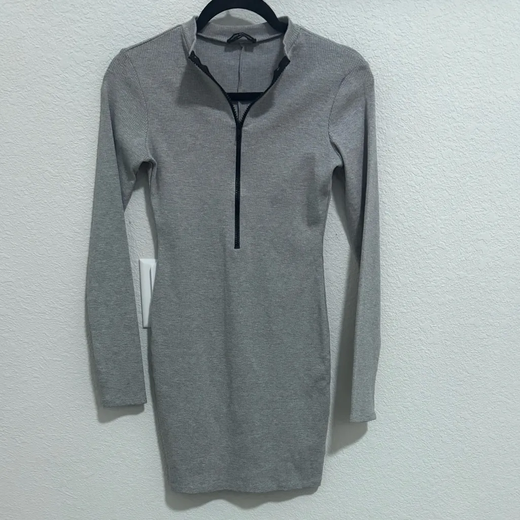Naked Wardrobe Gray Ribbed Zip It For Me Snatched Mini Dress Size Medium 1/2 Zip - Image 2