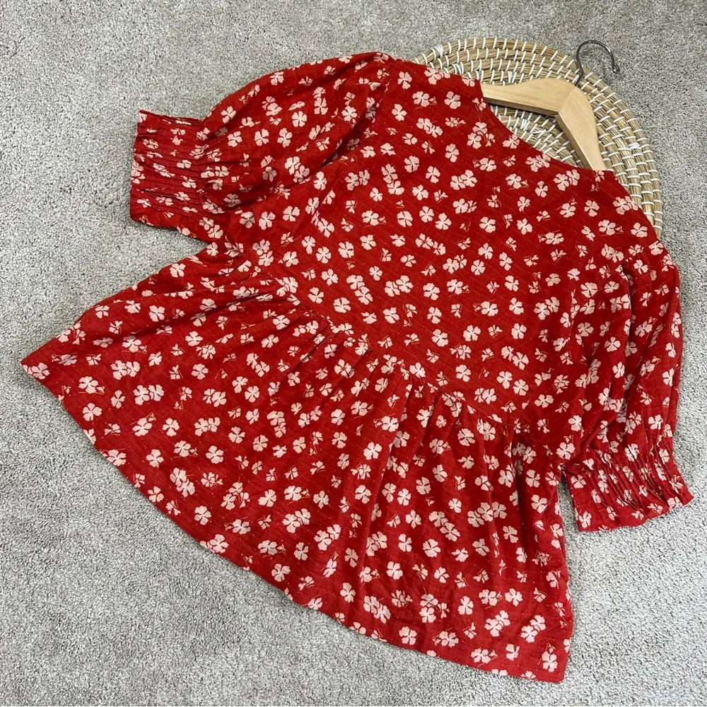 Madewell Puff-Sleeve Button-Front Top in Swiss Dot Happy Aloha Thai Chili Size S - Image 8