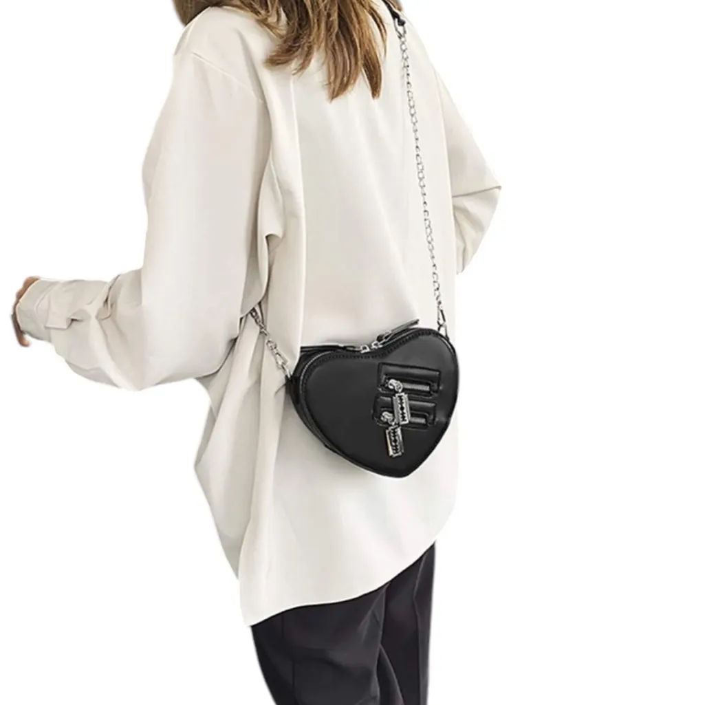 Heart-Shaped Black Crossbody Silver Chain Goth Punk Bikercore Faux Leather Bag - Image 2